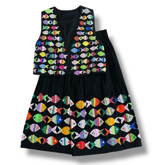 Vintage Handmade 2-Piece Folk Art Fish Appliqué Embroidered Vest & Skirt Boho - Picture 1 of 9